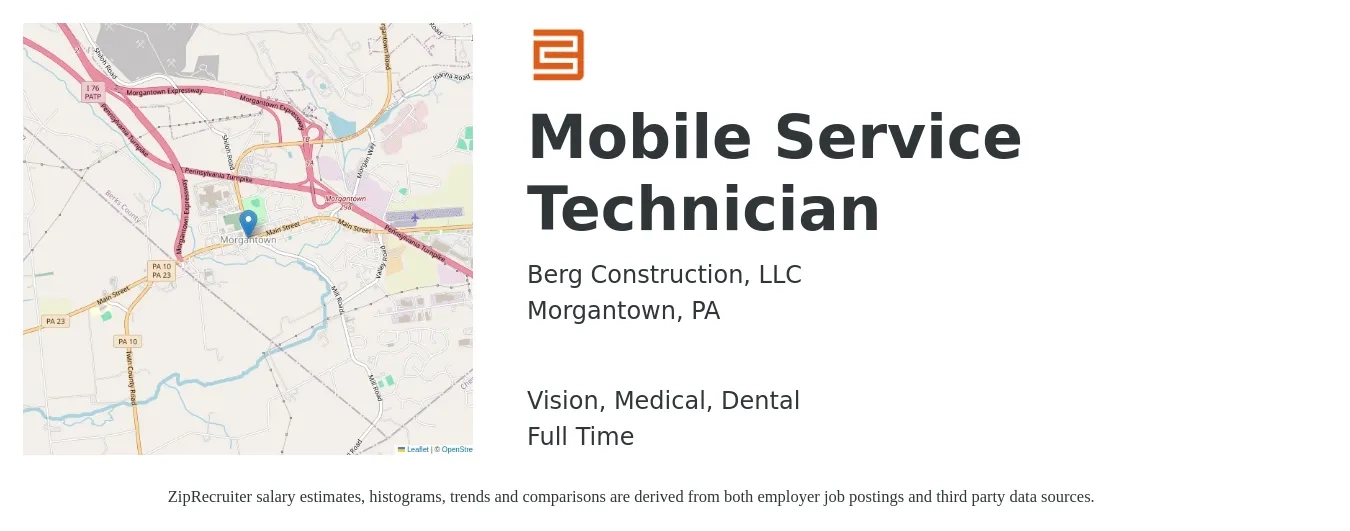 Berg Construction, LLC job posting for a Mobile Service Technician in Morgantown, PA with a salary of $25 to $34 Hourly and benefits including vision, dental, medical, and retirement with a map of Morgantown location.