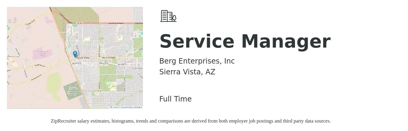 Berg Enterprises, Inc job posting for a Service Manager in Sierra Vista, AZ with a salary of $48,600 to $75,300 Yearly with a map of Sierra Vista location.