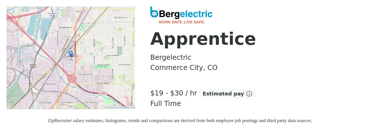 Bergelectric Corp job posting for a Apprentice in Commerce City, CO with a salary of $18 to $32 Hourly with a map of Commerce City location.