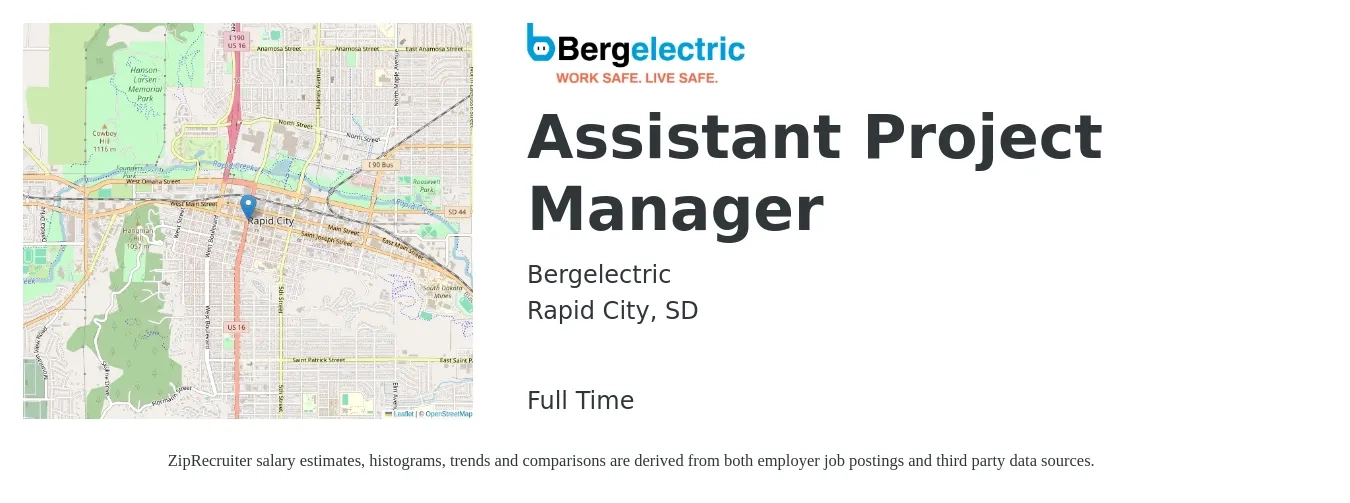 Bergelectric Corp job posting for a Assistant Project Manager in Rapid City, SD with a salary of $52,800 to $86,900 Yearly with a map of Rapid City location.