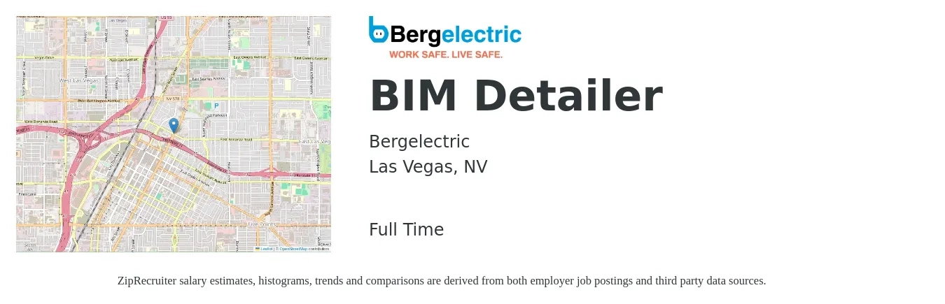 Bergelectric job posting for a BIM Detailer in Las Vegas, NV with a salary of $15 to $18 Hourly with a map of Las Vegas location.