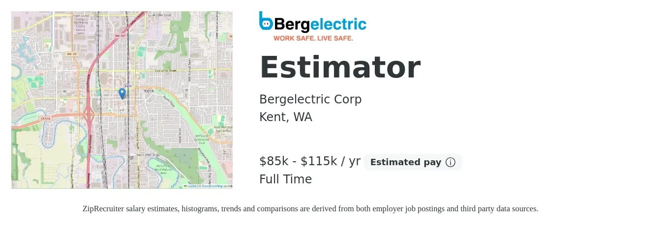 Bergelectric job posting for a Estimator in Kent, WA with a salary of $85,000 to $115,000 Yearly with a map of Kent location.