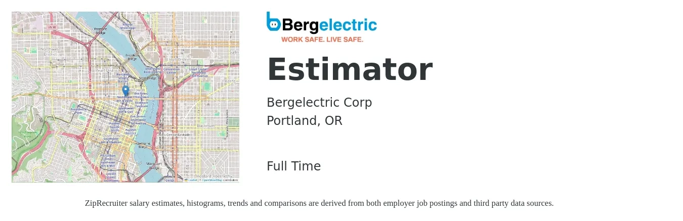 Bergelectric job posting for a Estimator in Portland, OR with a salary of $65,800 to $105,000 Yearly with a map of Portland location.