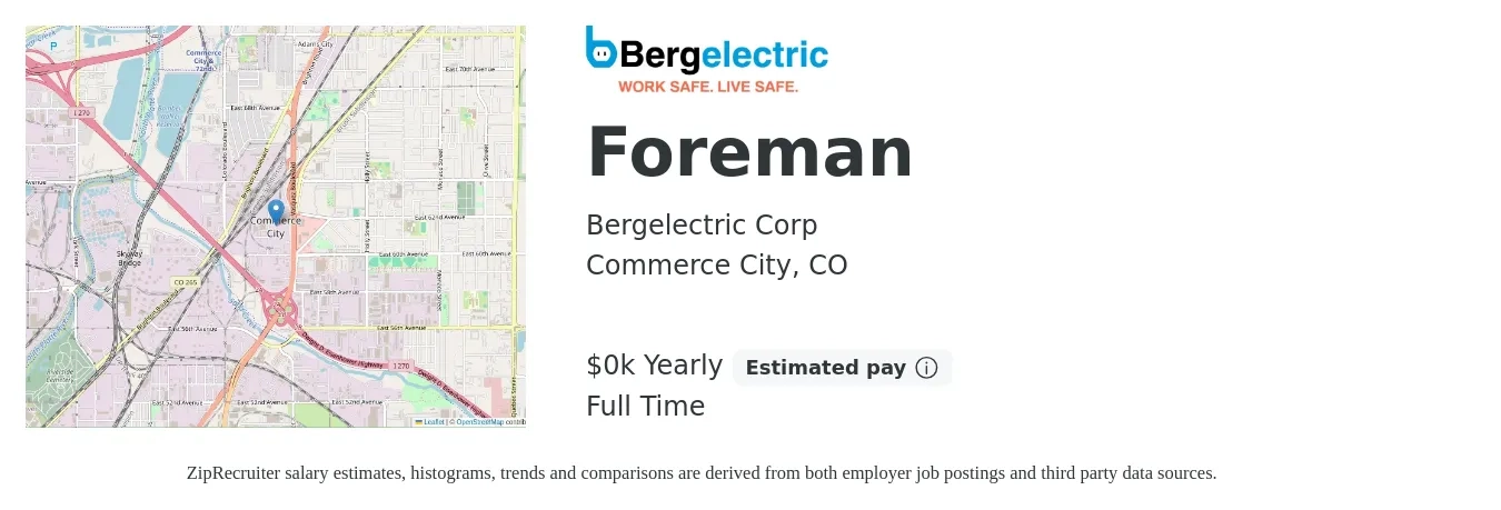 Bergelectric job posting for a Foreman in Commerce City, CO with a salary of $40 to $44 Yearly with a map of Commerce City location.