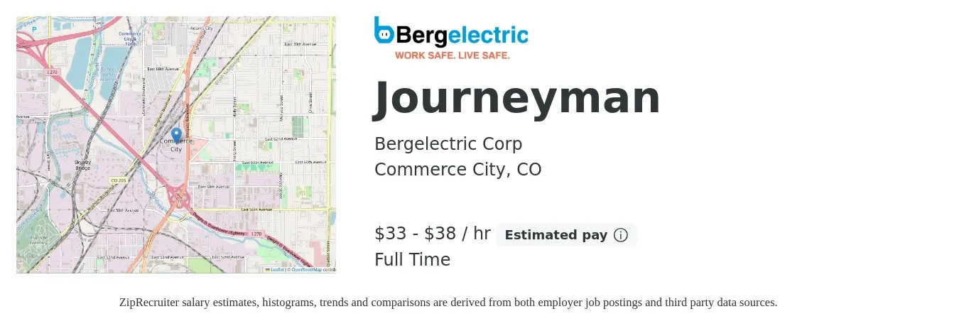 Bergelectric Corp job posting for a Journeyman in Commerce City, CO with a salary of $35 to $40 Hourly with a map of Commerce City location.