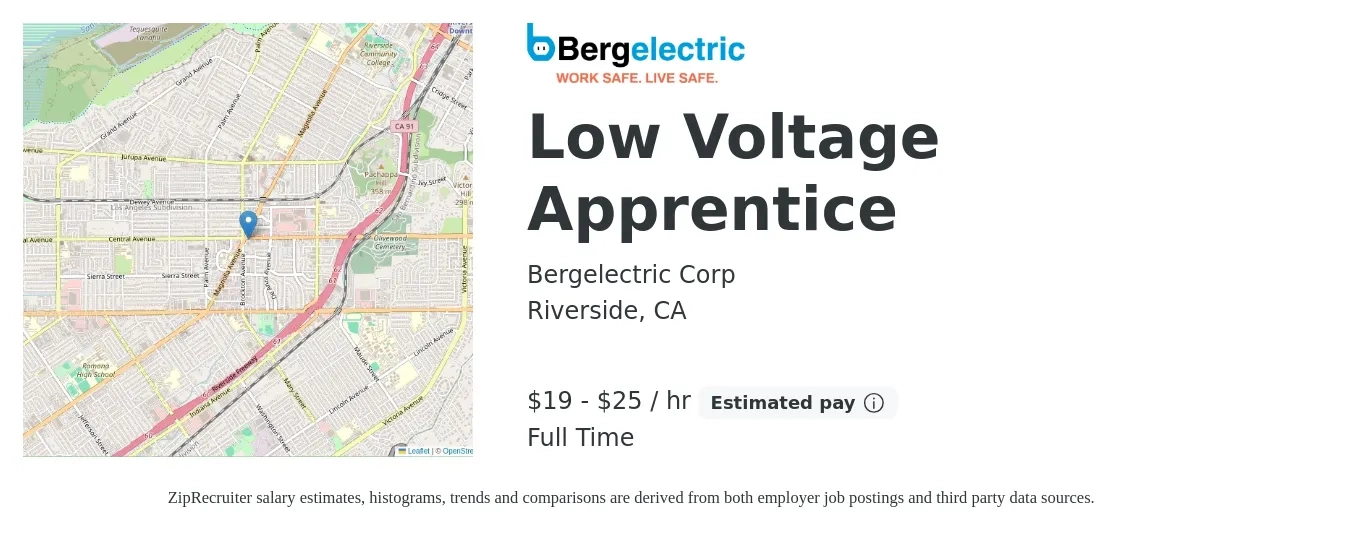 Bergelectric job posting for a Low Voltage Apprentice in Riverside, CA with a salary of $20 to $26 Hourly with a map of Riverside location.