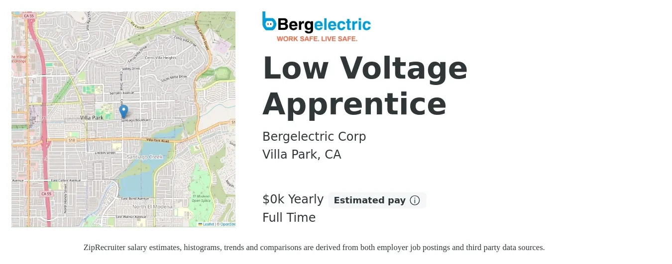 Bergelectric job posting for a Low Voltage Apprentice in Villa Park, CA with a salary of $20 to $26 Yearly with a map of Villa Park location.
