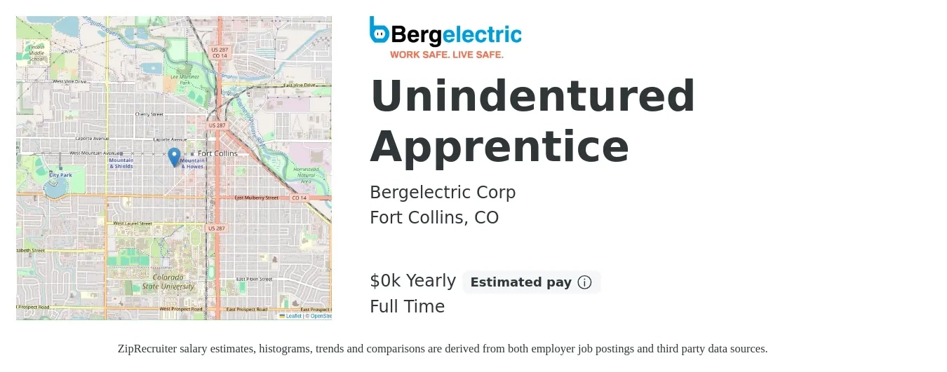 Bergelectric Corp job posting for a Unindentured Apprentice in Fort Collins, CO with a salary of $18 to $32 Yearly with a map of Fort Collins location.