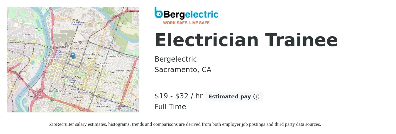 Bergelectric job posting for a Electrician Trainee in Sacramento, CA with a salary of $20 to $34 Hourly with a map of Sacramento location.