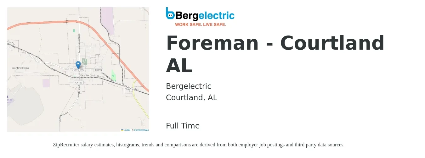 Bergelectric job posting for a Foreman - Courtland AL in Courtland, AL with a salary of $28 to $38 Hourly with a map of Courtland location.