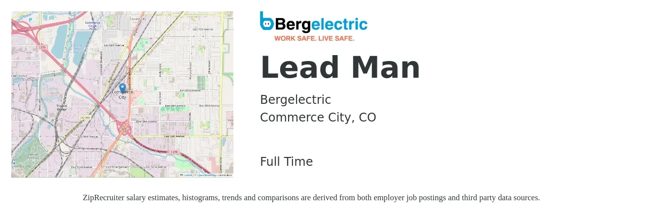 Bergelectric Corp job posting for a Lead Man in Commerce City, CO with a salary of $29 to $38 Hourly with a map of Commerce City location.
