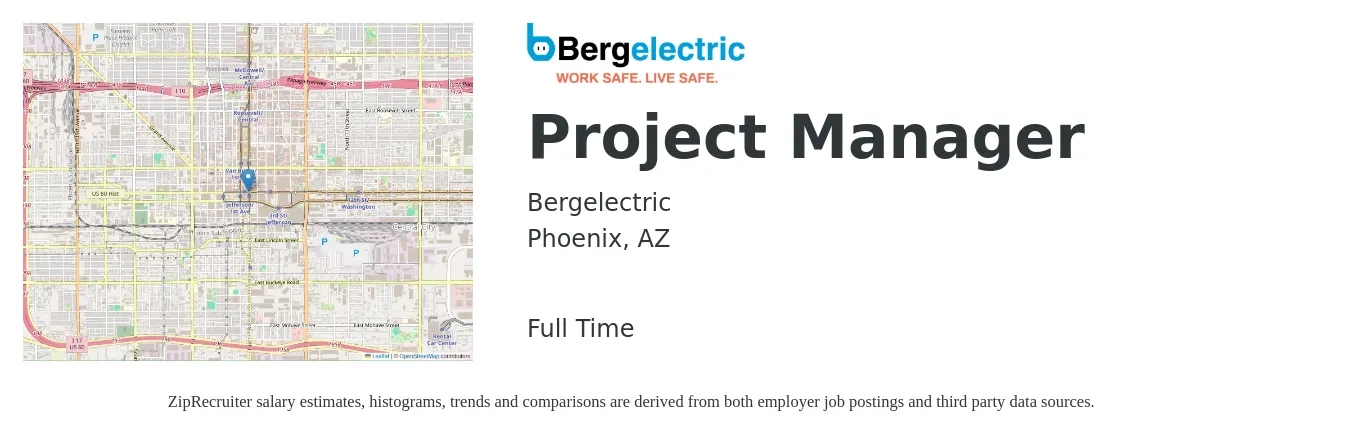 Bergelectric job posting for a Project Manager in Phoenix, AZ with a salary of $74,500 to $116,700 Yearly with a map of Phoenix location.