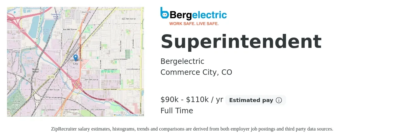 Bergelectric job posting for a Superintendent in Commerce City, CO with a salary of $90,000 to $110,000 Yearly with a map of Commerce City location.