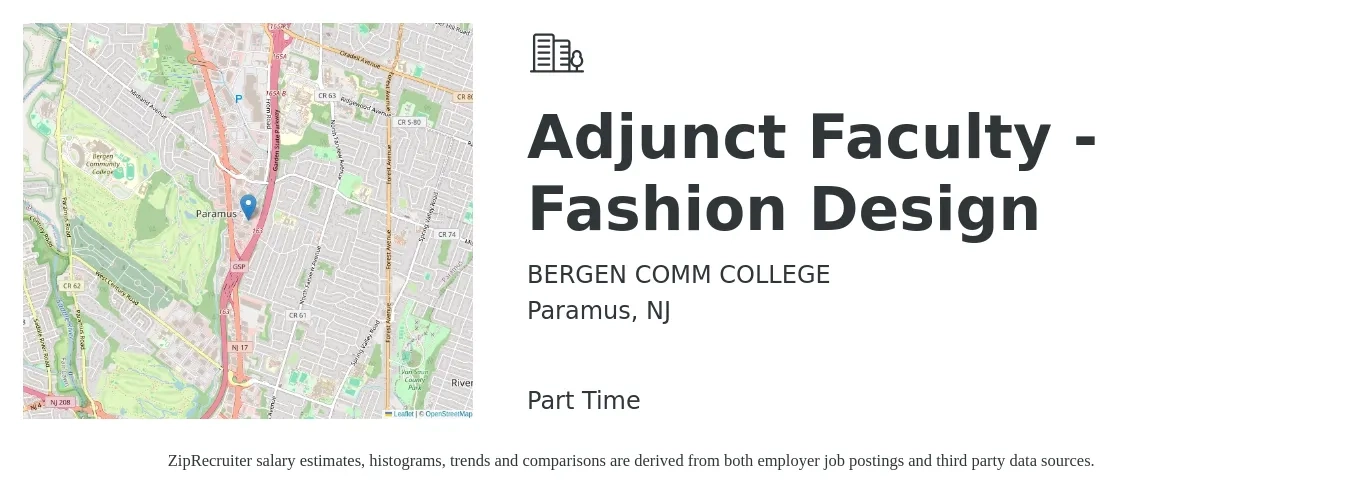 BERGEN COMM COLLEGE job posting for a Adjunct Faculty - Fashion Design in Paramus, NJ with a salary of $38 to $71 Hourly with a map of Paramus location.