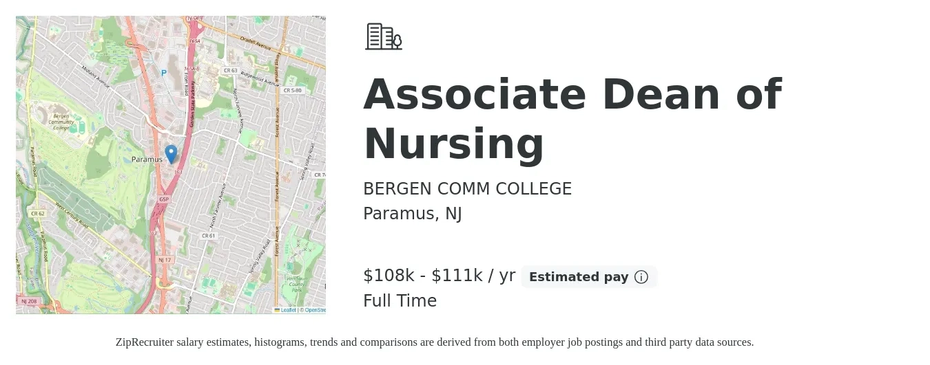 BERGEN COMM COLLEGE job posting for a Associate Dean of Nursing in Paramus, NJ with a salary of $108,000 to $111,000 Yearly with a map of Paramus location.