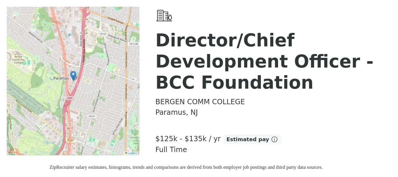 BERGEN COMM COLLEGE job posting for a Director/Chief Development Officer - BCC Foundation in Paramus, NJ with a salary of $125,000 to $135,000 Yearly with a map of Paramus location.
