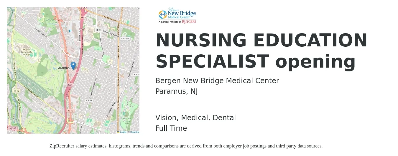 Bergen New Bridge Medical Center job posting for a NURSING EDUCATION SPECIALIST opening in Paramus, NJ with a salary of $78,900 to $101,700 Yearly and benefits including medical, retirement, vision, dental, and life_insurance with a map of Paramus location.