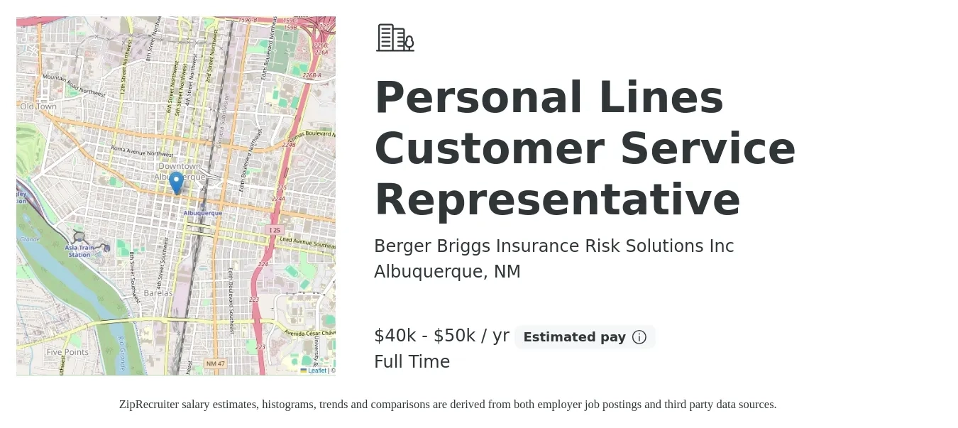 Berger Briggs Insurance Risk Solutions Inc job posting for a Personal Lines Customer Service Representative in Albuquerque, NM with a salary of $40,000 to $50,000 Yearly with a map of Albuquerque location.