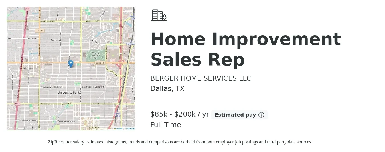 BERGER HOME SERVICES LLC job posting for a Home Improvement Sales Rep in Dallas, TX with a salary of $85,000 to $200,000 Yearly with a map of Dallas location.