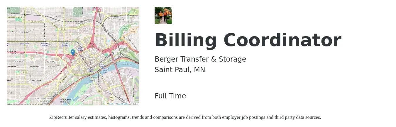 Berger Transfer & Storage job posting for a Billing Coordinator in Saint Paul, MN with a salary of $21 to $32 Hourly with a map of Saint Paul location.