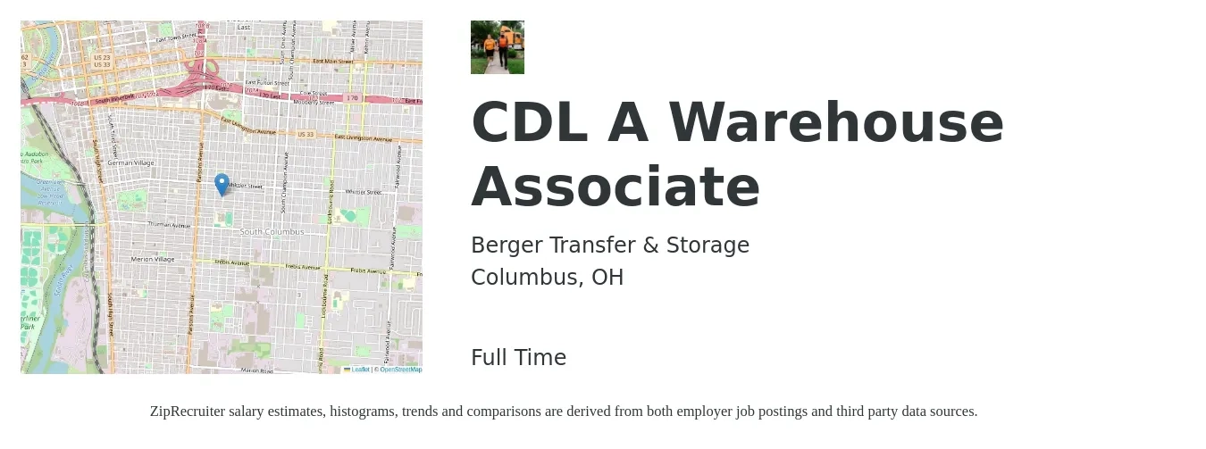 Berger Transfer & Storage job posting for a CDL A Warehouse Associate in Columbus, OH with a salary of $16 to $18 Hourly with a map of Columbus location.