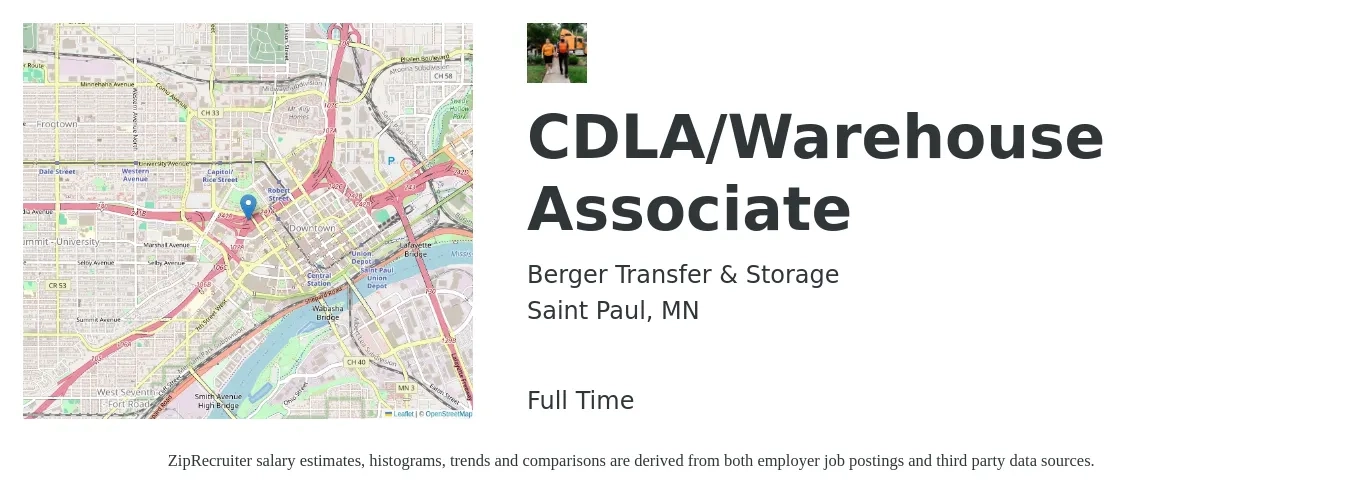 Berger Transfer & Storage job posting for a CDLA/Warehouse Associate in Saint Paul, MN with a salary of $16 to $19 Hourly with a map of Saint Paul location.