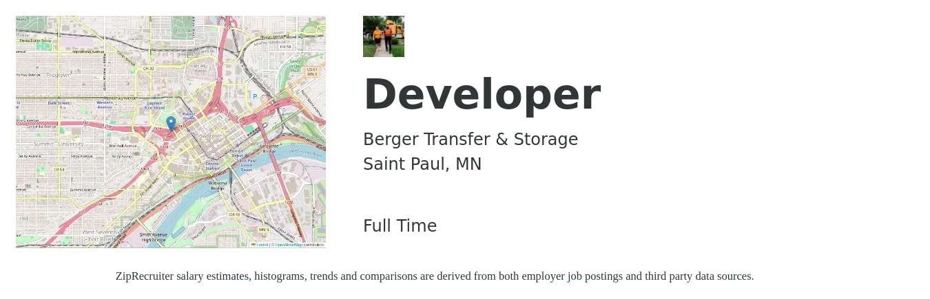 Berger Transfer & Storage job posting for a Developer in Saint Paul, MN with a salary of $91,000 to $131,500 Yearly with a map of Saint Paul location.