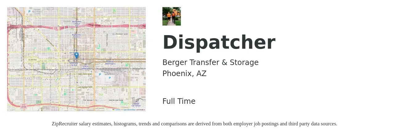 Berger Transfer & Storage job posting for a Dispatcher in Phoenix, AZ with a salary of $18 to $24 Hourly with a map of Phoenix location.