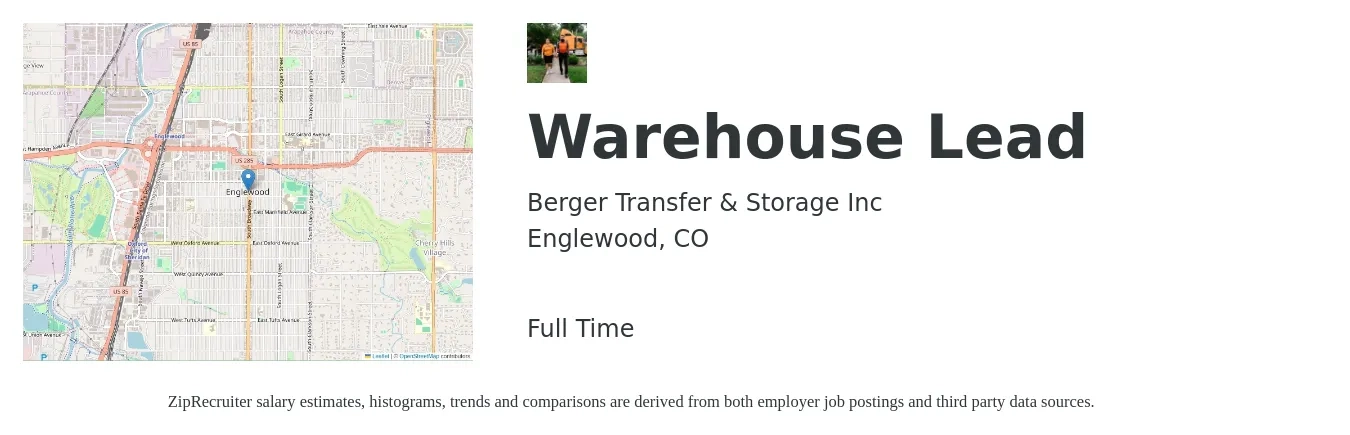 Berger Transfer & Storage job posting for a Warehouse Lead in Englewood, CO with a salary of $18 to $23 Hourly with a map of Englewood location.