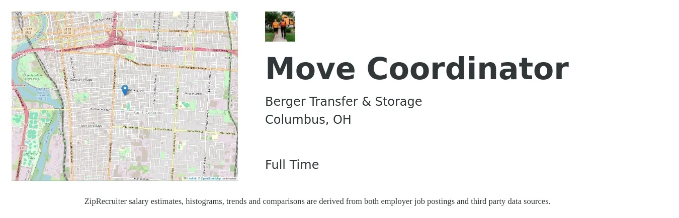Berger Transfer & Storage job posting for a Move Coordinator in Columbus, OH with a salary of $20 to $24 Hourly with a map of Columbus location.