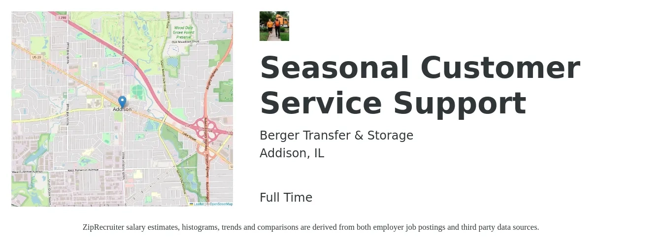 Berger Transfer & Storage job posting for a Seasonal Customer Service Support in Addison, IL with a salary of $17 to $22 Hourly with a map of Addison location.
