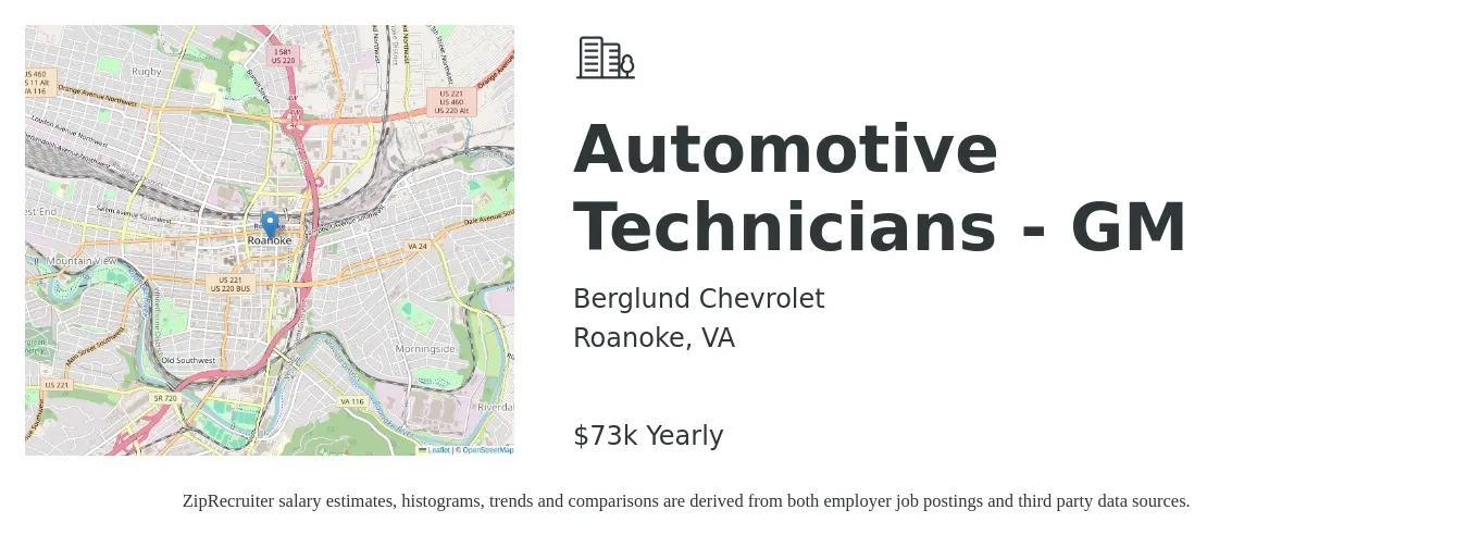 Berglund Chevrolet job posting for a Automotive Technicians - GM in Roanoke, VA with a salary of $73,000 Yearly with a map of Roanoke location.