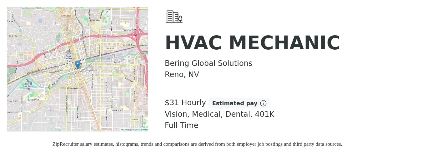 Bering Global Solutions job posting for a HVAC MECHANIC in Reno, NV with a salary of $33 Hourly and benefits including dental, life_insurance, medical, vision, and 401k with a map of Reno location.