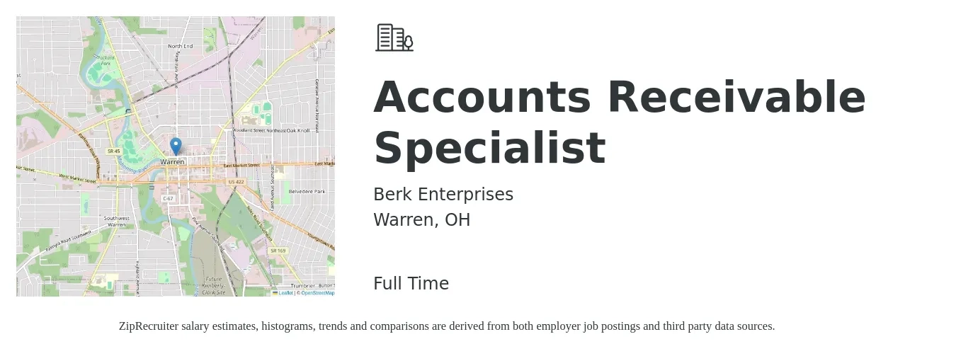 Berk Enterprises job posting for a Accounts Receivable Specialist in Warren, OH with a salary of $18 to $23 Hourly with a map of Warren location.
