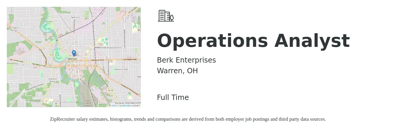Berk Enterprises job posting for a Operations Analyst in Warren, OH with a salary of $22 to $36 Hourly with a map of Warren location.