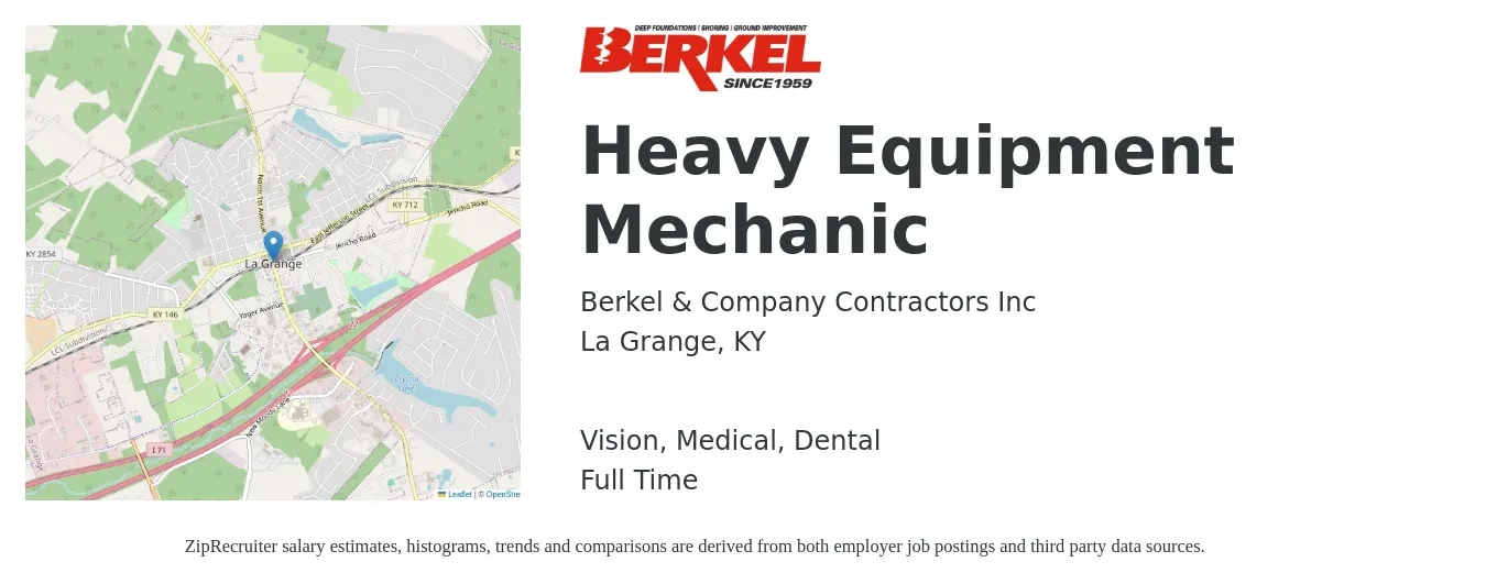 Berkel & Company Contractors Inc job posting for a Heavy Equipment Mechanic in La Grange, KY with a salary of $24 to $32 Hourly and benefits including pto, retirement, vision, dental, life_insurance, and medical with a map of La Grange location.
