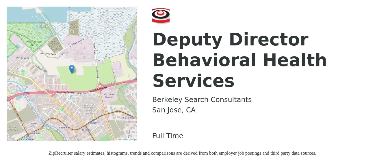 Berkeley Search Consultants job posting for a Deputy Director Behavioral Health Services in San Jose, CA with a salary of $115,400 to $176,900 Yearly with a map of San Jose location.