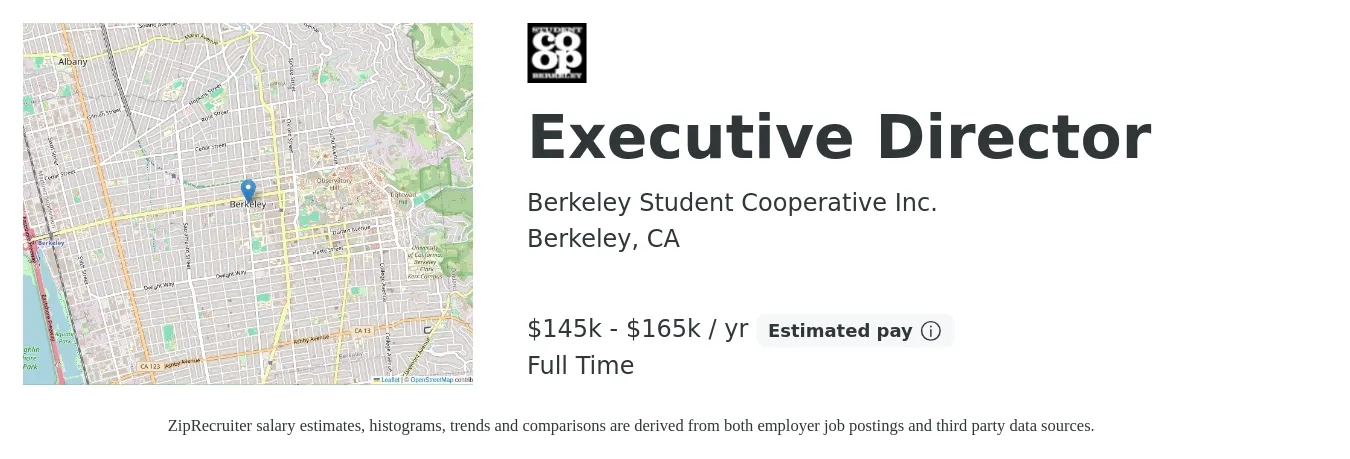 Berkeley Student Cooperative Inc. job posting for a Executive Director in Berkeley, CA with a salary of $145,000 to $165,000 Yearly with a map of Berkeley location.