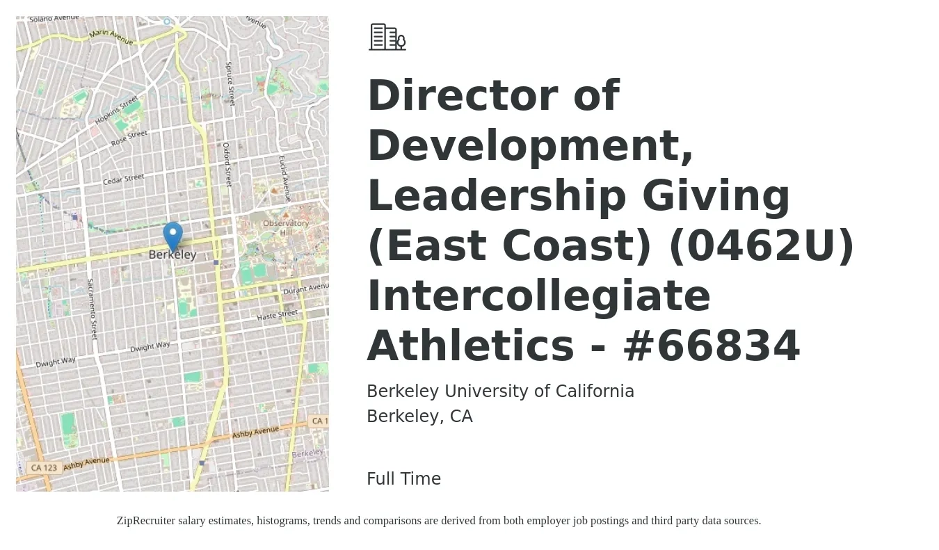 Berkeley University of California job posting for a Director of Development, Leadership Giving (East Coast) (0462U) Intercollegiate Athletics - #66834 in Berkeley, CA with a salary of $67,300 to $119,400 Yearly with a map of Berkeley location.