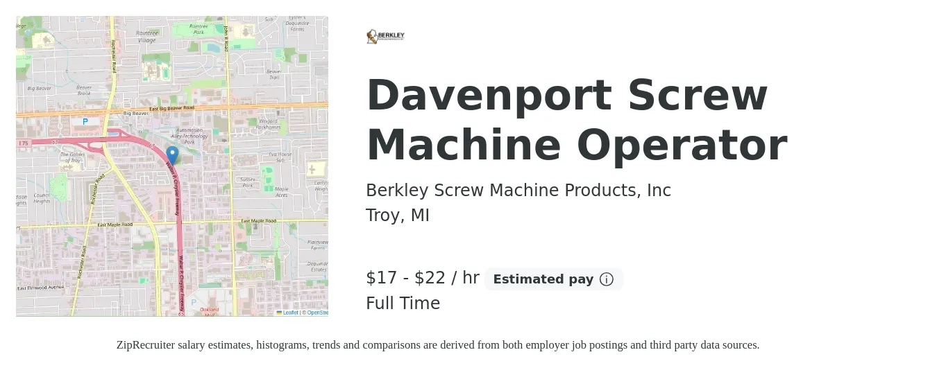 Berkley Screw Machine Products, Inc job posting for a Davenport Screw Machine Operator in Troy, MI with a salary of $18 to $23 Hourly with a map of Troy location.
