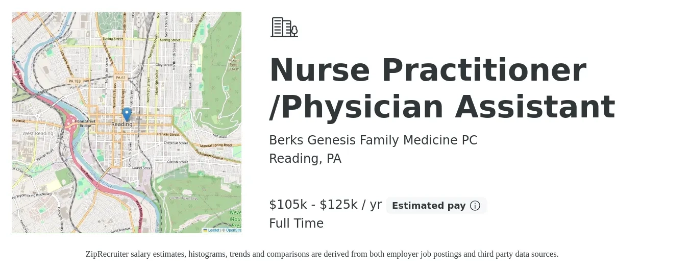 Berks Genesis Family Medicine PC job posting for a Nurse Practitioner /Physician Assistant in Reading, PA with a salary of $105,000 to $125,000 Yearly with a map of Reading location.