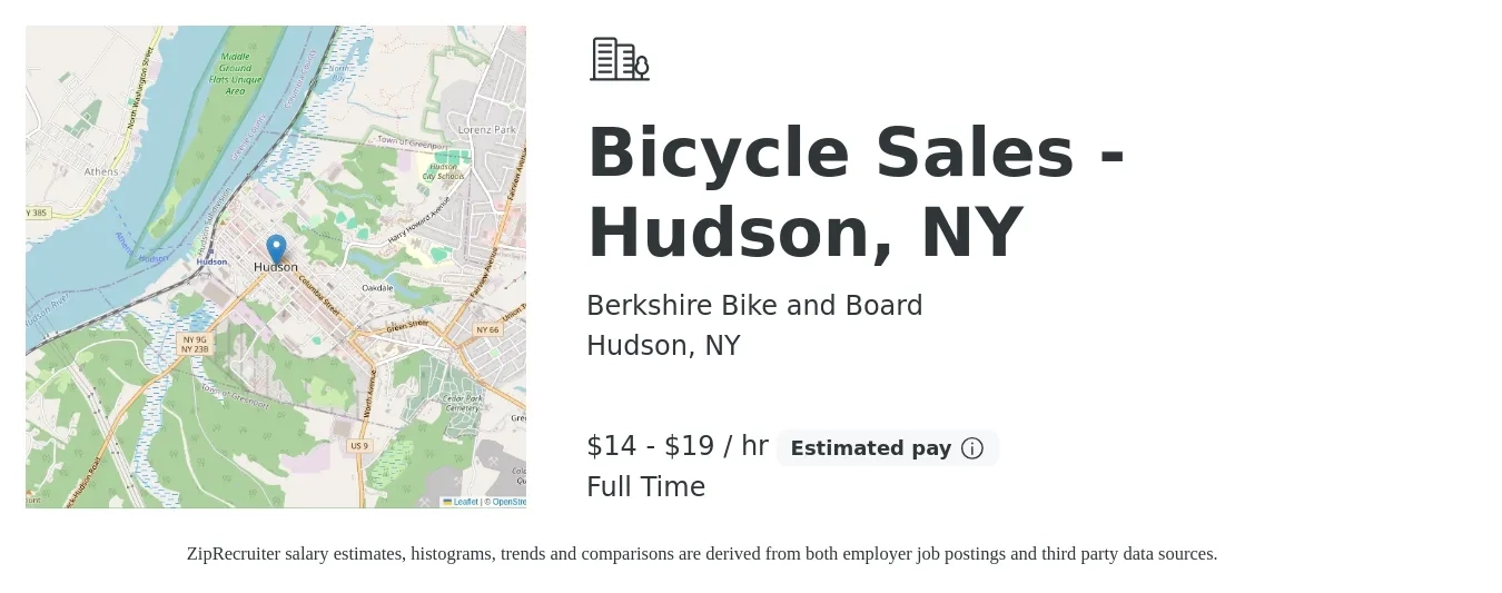Berkshire Bike and Board job posting for a Bicycle Sales - Hudson, NY in Hudson, NY with a salary of $15 to $20 Hourly with a map of Hudson location.