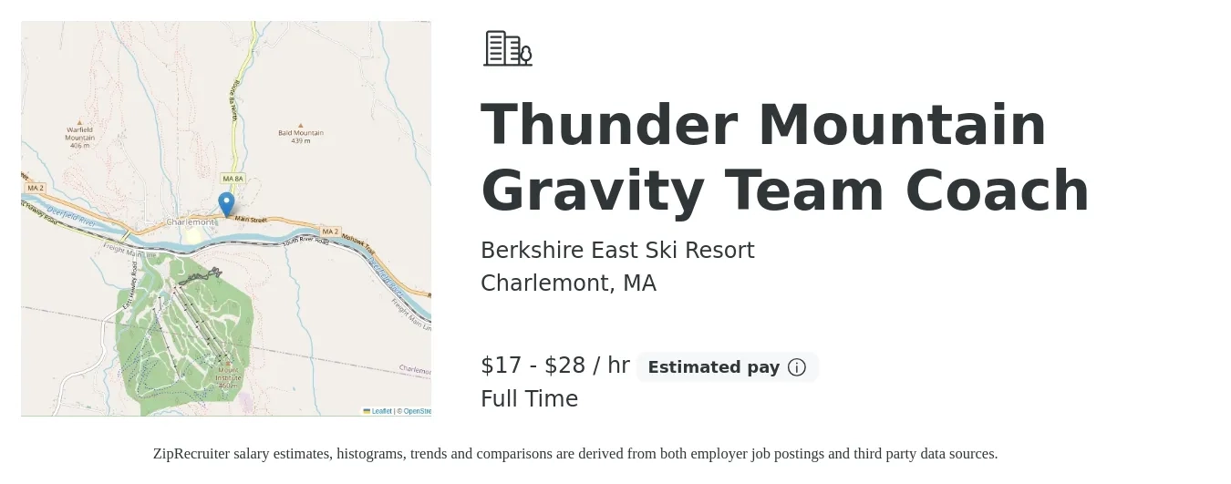 Berkshire East Ski Resort job posting for a Thunder Mountain Gravity Team Coach in Charlemont, MA with a salary of $18 to $30 Hourly with a map of Charlemont location.