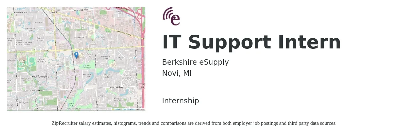 Berkshire eSupply job posting for a IT Support Intern in Novi, MI with a salary of $14 to $19 Hourly with a map of Novi location.