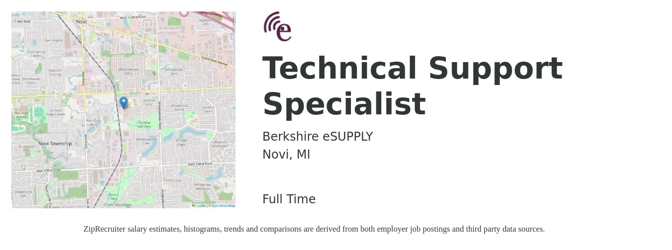 Berkshire eSupply job posting for a Technical Support Specialist in Novi, MI with a salary of $20 to $30 Hourly with a map of Novi location.