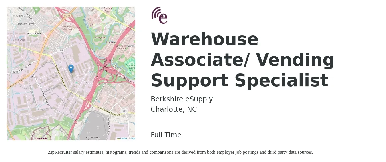 Berkshire eSUPPLY job posting for a Warehouse Associate/ Vending Support Specialist in Charlotte, NC with a salary of $16 to $18 Hourly with a map of Charlotte location.