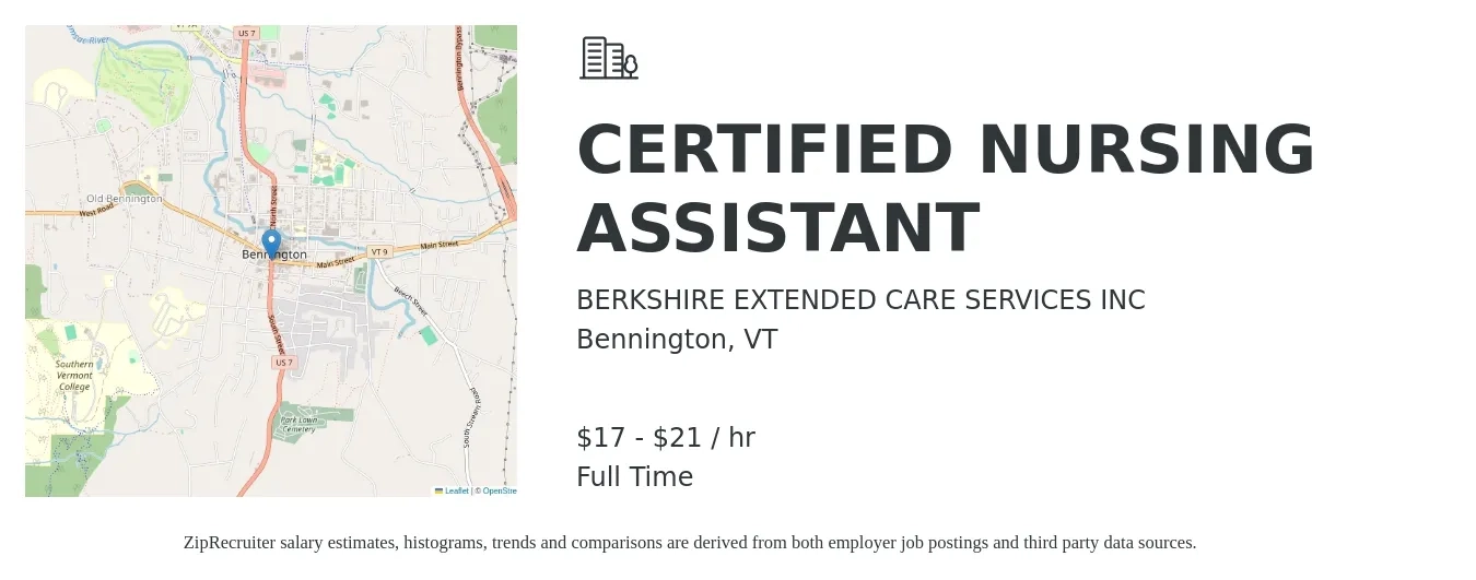 BERKSHIRE EXTENDED CARE SERVICES INC job posting for a CERTIFIED NURSING ASSISTANT in Bennington, VT with a salary of $18 to $22 Hourly with a map of Bennington location.