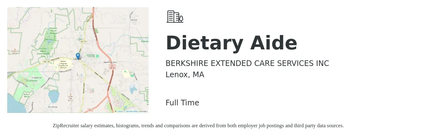 BERKSHIRE EXTENDED CARE SERVICES INC job posting for a Dietary Aide in Lenox, MA with a salary of $14 to $18 Hourly with a map of Lenox location.
