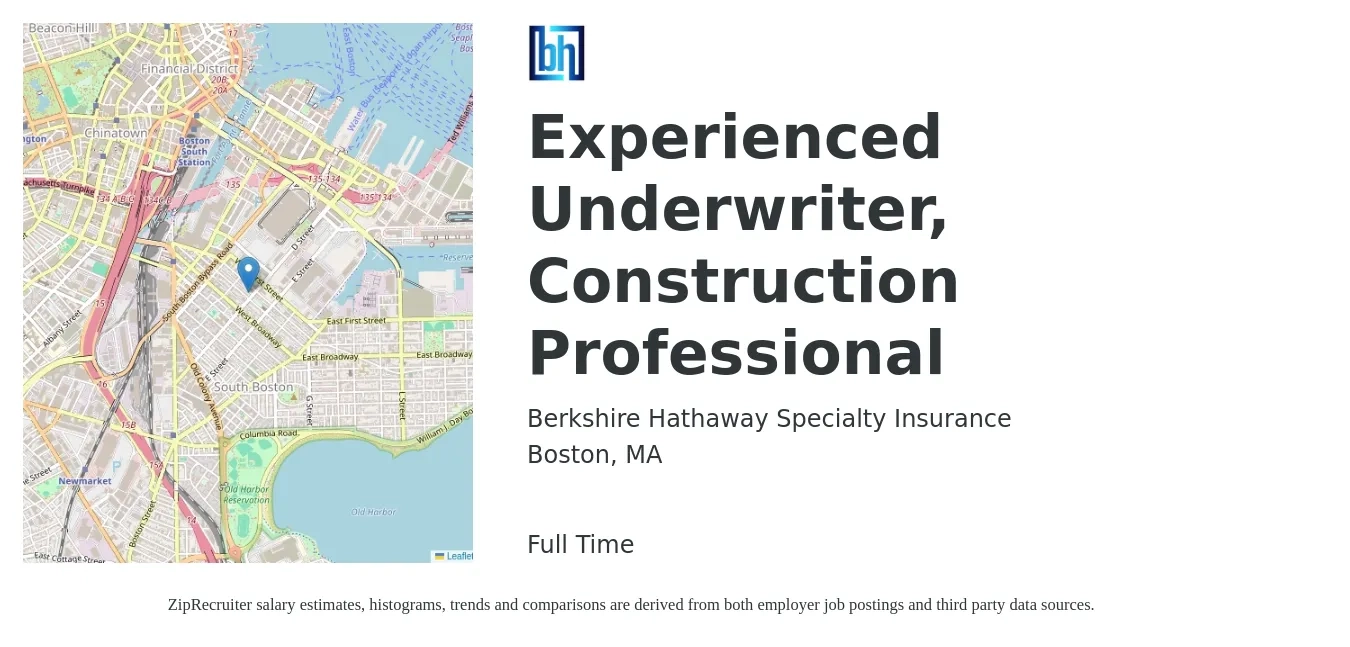 Berkshire Hathaway Specialty Insurance job posting for a Experienced Underwriter, Construction Professional in Boston, MA with a salary of $66,500 to $94,800 Yearly with a map of Boston location.