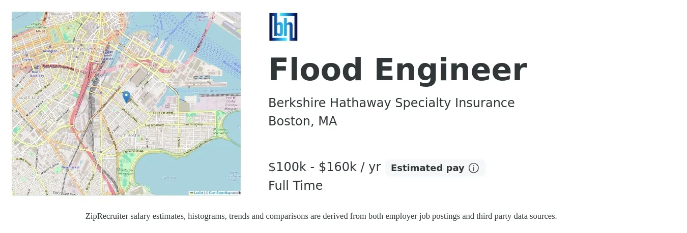 Berkshire Hathaway Specialty Insurance job posting for a Flood Engineer in Boston, MA with a salary of $100,000 to $160,000 Yearly with a map of Boston location.